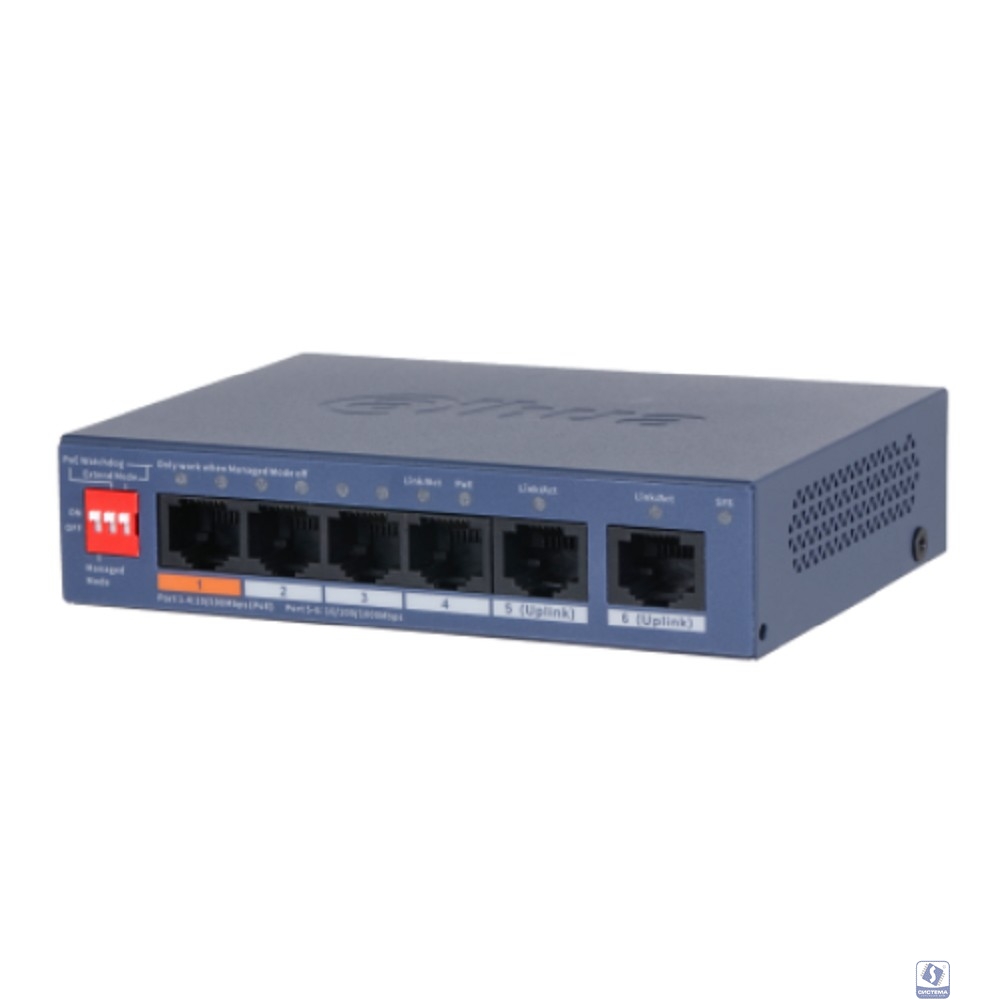 DAHUA DH-CS4006-4ET2GT-60 4-портовый гигабитный PoE коммутатор с функцией облачного управления, 4xRJ45 100Mb, 2xRJ45 1Gb uplink, суммарно 60Вт