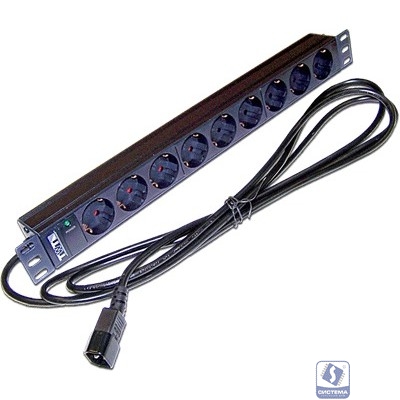 Блок розеток 19" 9 шт. без выключателя, 10A 250V, шнур питания с вилкой C14, 3.0 м