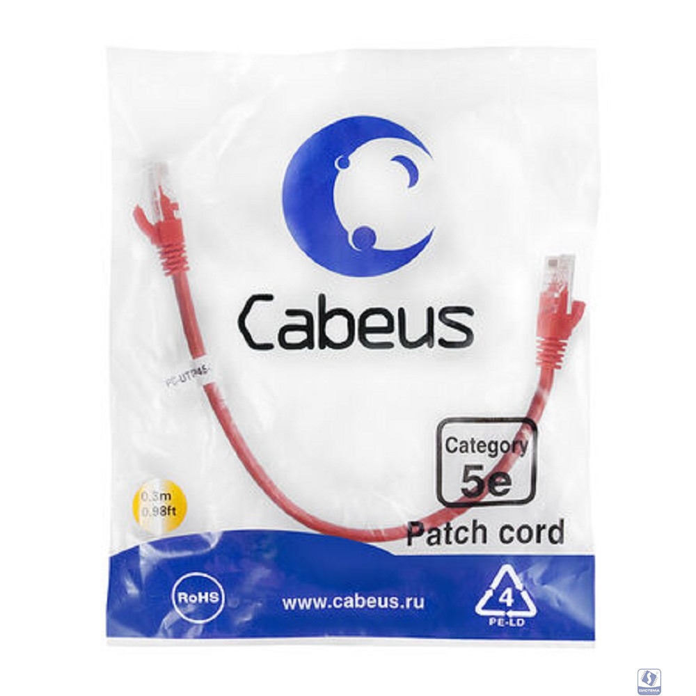 CABEUS PC-UTP-RJ45-CAT.5E-0.3M-RD U/UTP, КАТЕГОРИЯ 5Е, 2XRJ45/8P8C, НЕЭКРАНИРОВАННЫЙ, КРАСНЫЙ, PVC, 0.3М