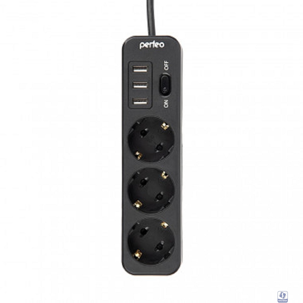 Perfeo сетевой фильтр "POWER STREAM", 2500W, двойная защита, 4м, 3 розетки, 3 USB, черный.