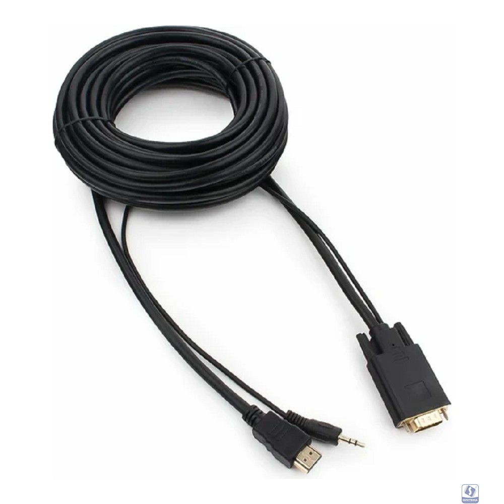 Кабель HDMI->VGA Cablexpert A-HDMI-VGA-03-10M, 19M/15M + 3.5Jack, медь, позол.разъемы, 10м, черный, пакет