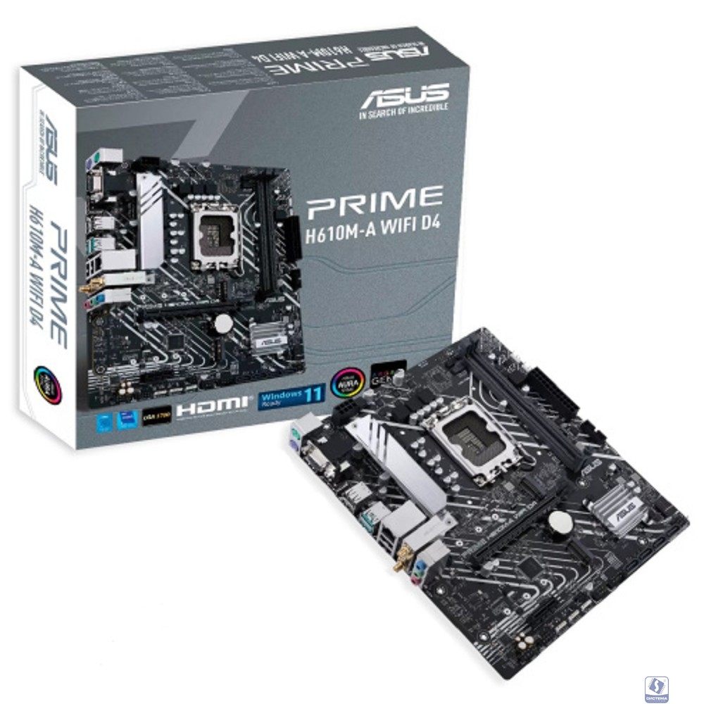 ASUS PRIME H610M-A WIFI D4 (Socket 1700, mATX, 2xDDR4(64GB), VGA/HDMI/DP, 1xPCIe 4.0x16/1xPCIe 3.0, 1xLAN, Wi-Fi, BT, 4xSATA 6Gb/s, 2xM.2, 2xUSB 3.2, 4xUSB 2.0, 2xPS/2)