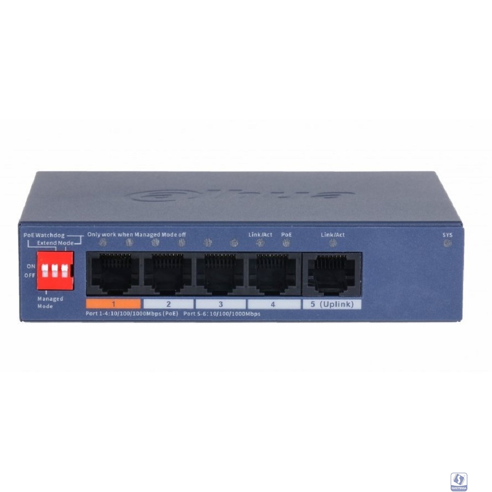 DAHUA DH-CS4005-4GT-60 4-портовый гигабитный PoE коммутатор с функцией облачного управления, 4 RJ45 10/100/1000Мбит/с (PoE/PoE+/Hi-PoE), 1 RJ45 10/100/1000Мбит/с (uplink), суммарно 60Вт