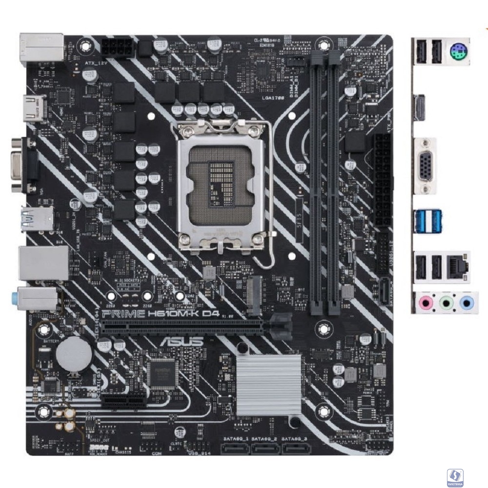 ASUS PRIME H610M-K D4 (Socket 1700, mATX, 2xDDR4(64GB), VGA/HDMI 2.1, 1xPCIe 4.0x16/1xPCIe 3.0/1xLAN, 4xSATA 6Gb/s, 1xM.2, 2xUSB 3.2, 4xUSB 2.0, 1xPS/2)