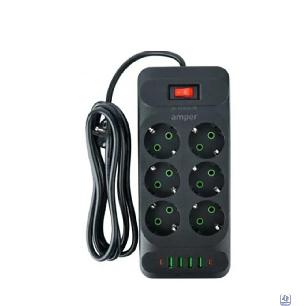 Amper сетевой удлинитель, 2,0м, 6 розеток, 10А, 2500 Вт, 4usb,2Type-C, черный. [JH-1076U-2B]