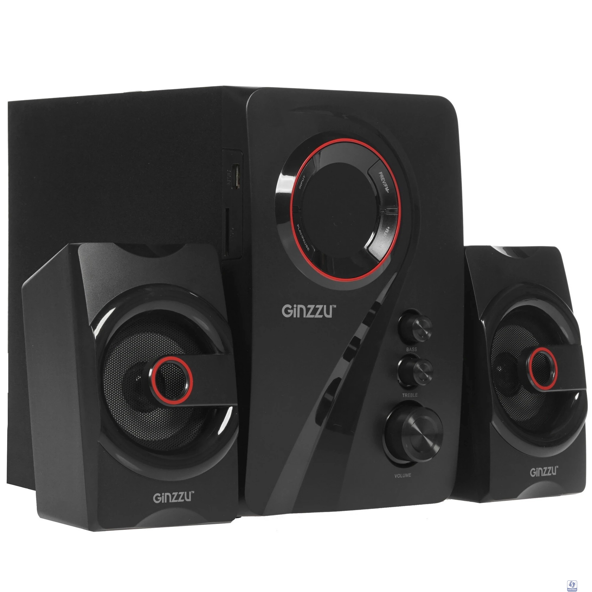 Ginzzu GM-406 2.1 с Bluetooth, выходная мощность 20Вт + 2х10Вт, аудиоплеер USB-flash, SD-card, FM-радио, пульт ДУ - 21 кнопка, стерео вход (2RCA), эквалайзер (обыч