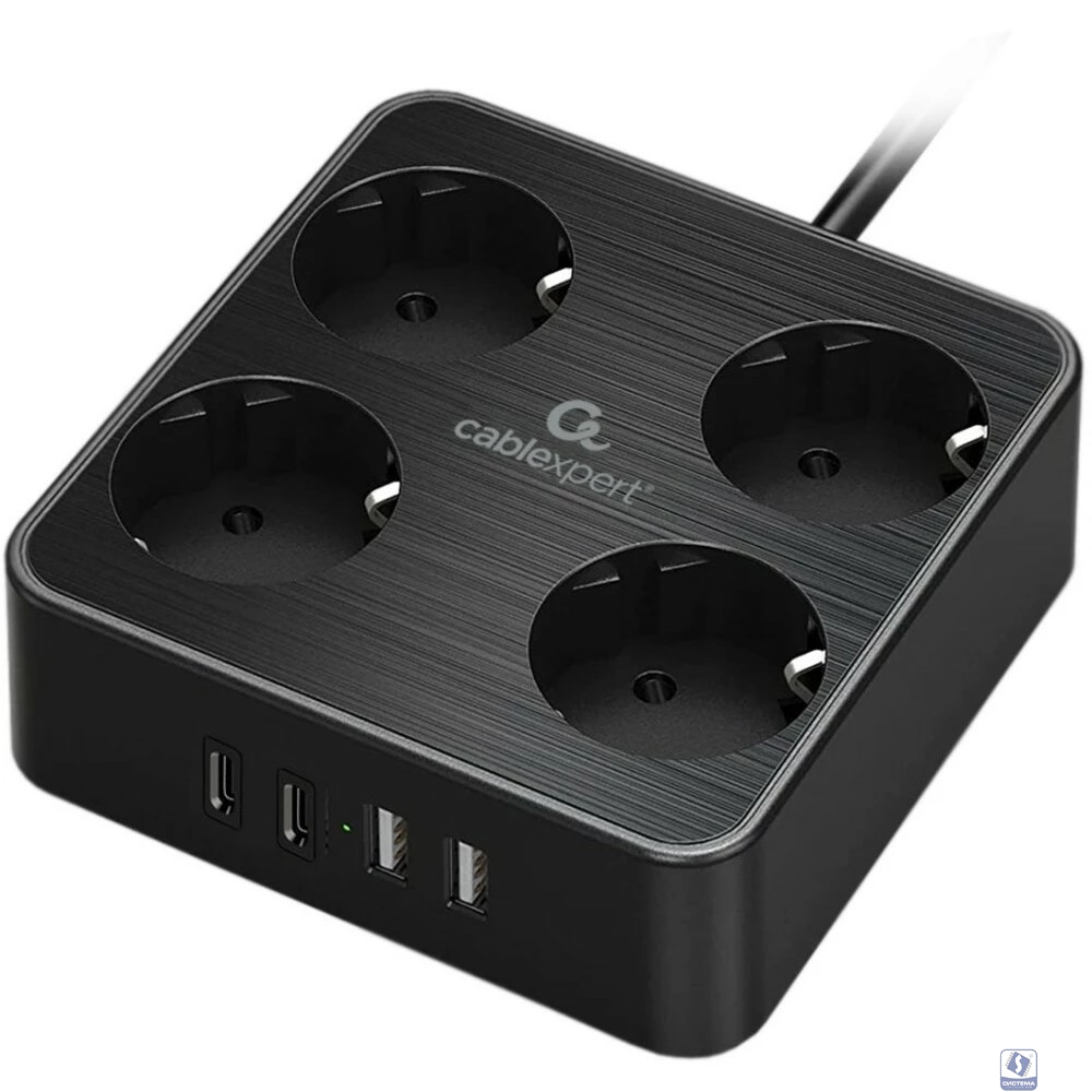 Cablexpert Сетевой фильтр Plate PLT-4-C2U2-B-2 (4р, 10А, 2xType-C PD, 20Вт, 2xUSB, 2м, ур.защиты 4+) черный, коробка 