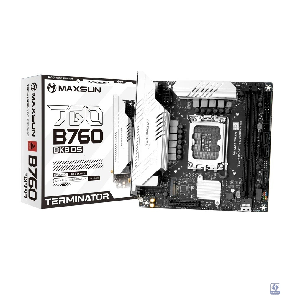 MAXSUN MS-Terminator B760BKB D5 WIFI (Socket 1700, mATX, 2*DDR5(96Gb), DP/HDMI, 2*SATA3, 4*M.2, 1xPCI-Ex16/1*PCIEx4, 4*USB 2.0, 4*USB 3.2 5G, LAN 1*2.5G,  BT, Wi-Fi 6E, RTL)