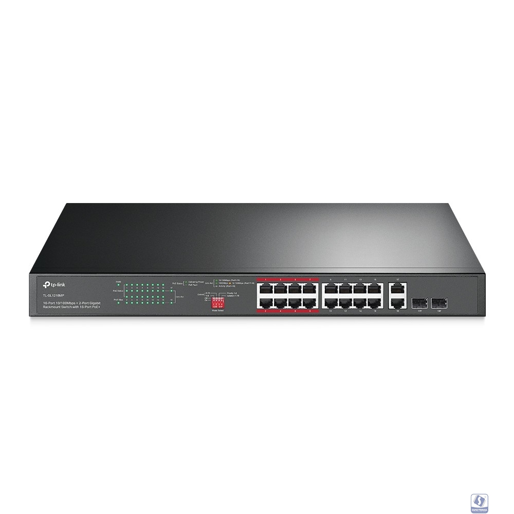 TP-Link TL-SL1218MP Неуправляемый коммутатор с 16 портами PoE+ 10/100 Мбит/с и 2 комбинированными портами RJ45/SFP