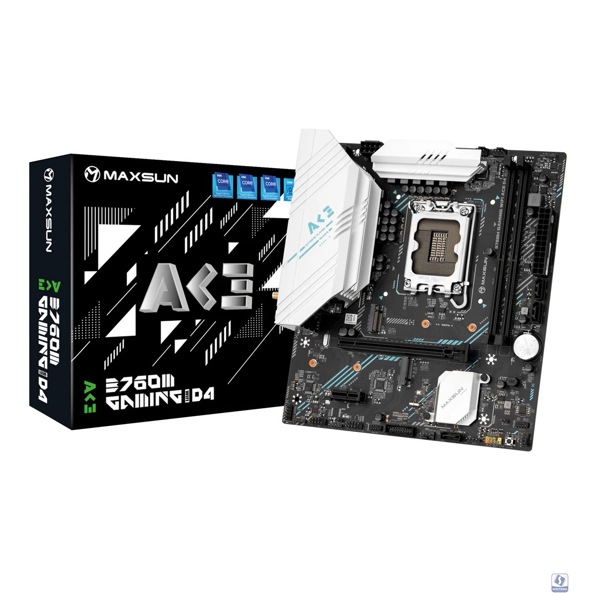 MAXSUN MS-B760M GAMING WIFI ACE D4 (Socket 1700, mATX, 2*DDR4(64b), VGA/HDMI, 3*SATA3, 2*M.2, 1xPCI-E x16 /1xPCI-E x4, 2*USB 2.0, 4*USB 3.2 GEN2, LAN 1*1G,  Bluetooth,  Wi-Fi 802.11ax, RTL)