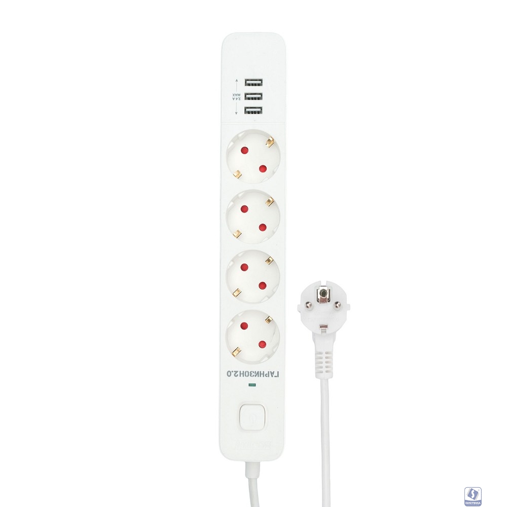Гарнизон Сетевой фильтр 2.0 EPS-4-U3-W-2  Мультипорт, 4р, 10А, 3xUSB, 2м, ур.защиты 2+, белый, пакет (21445)
