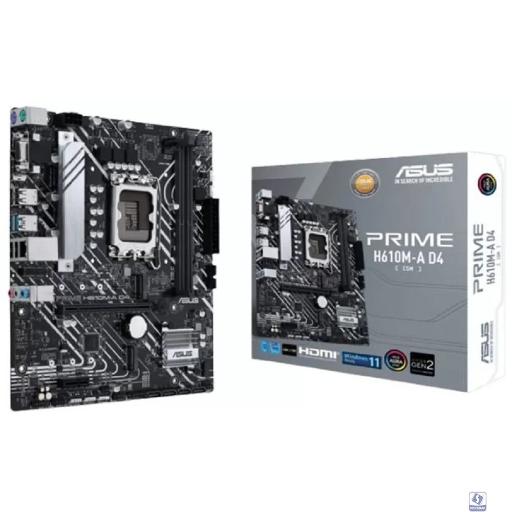 ASUS PRIME H610M-A D4-CSM (Socket 1700, mATX, 2xDDR4(64GB),  VGA/DP/HDMI, 1xPCIe 4.0x16/1xPCIe 3.0, 1xLAN, 4xSATA 6Gb/s, 2xM.2, 1xM.2 E key, 2xUSB 3.2, 4xUSB 2.0, 2xPS/2)