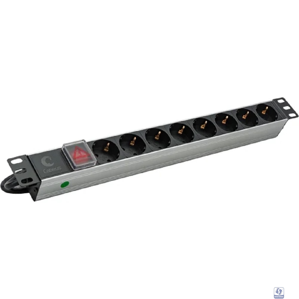 Cabeus  PDU-8P-2IEC  Блок евророзеток для 19" шкафов, горизонтальный, 8 розеток, 10 A, выключатель, алюминиевый корпус, шнур 2 м, вилка IEC 320 C14