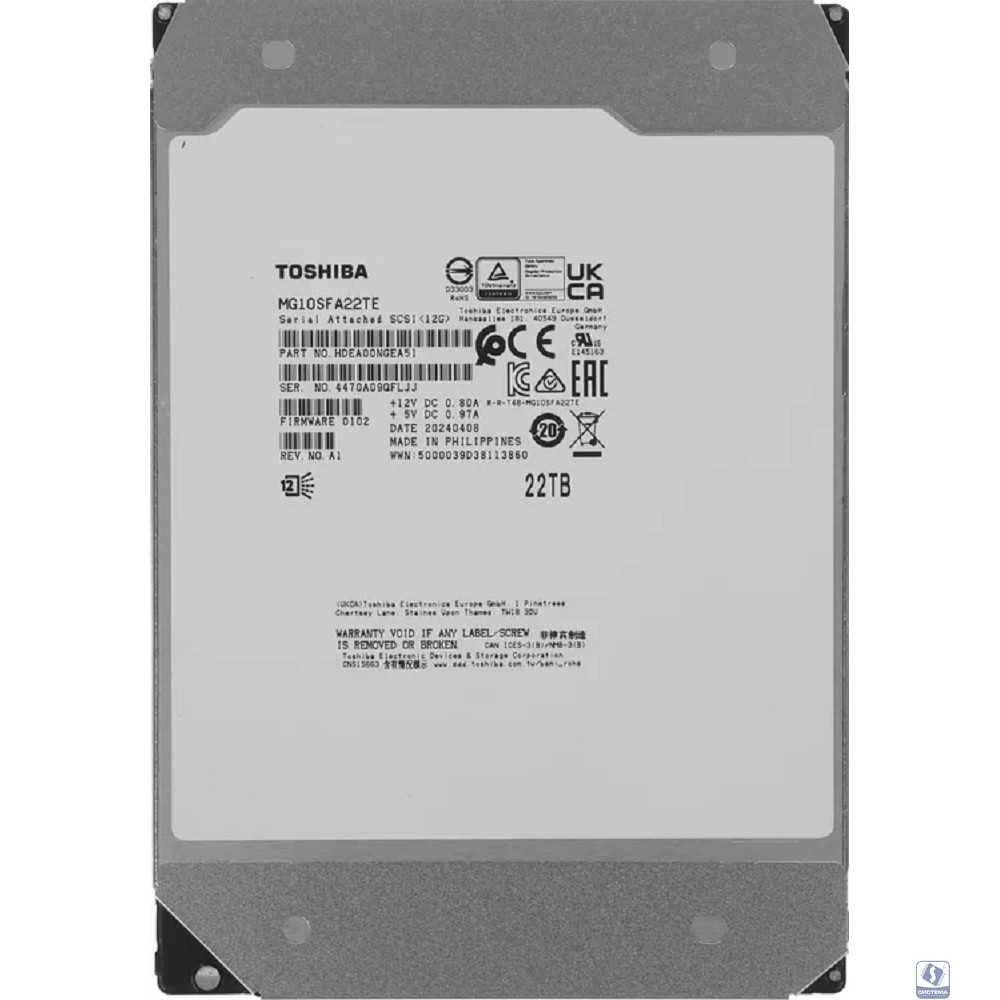HDD Toshiba SAS 22Tb 3.5" Server 7200 12Gbit/s 512Mb  MG10SFA22TE
