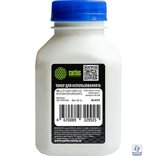 Тонер Cactus CS-THP4-60 черный флакон 60гр. для принтера HP LJ P1005/P1006/P1100/P1102