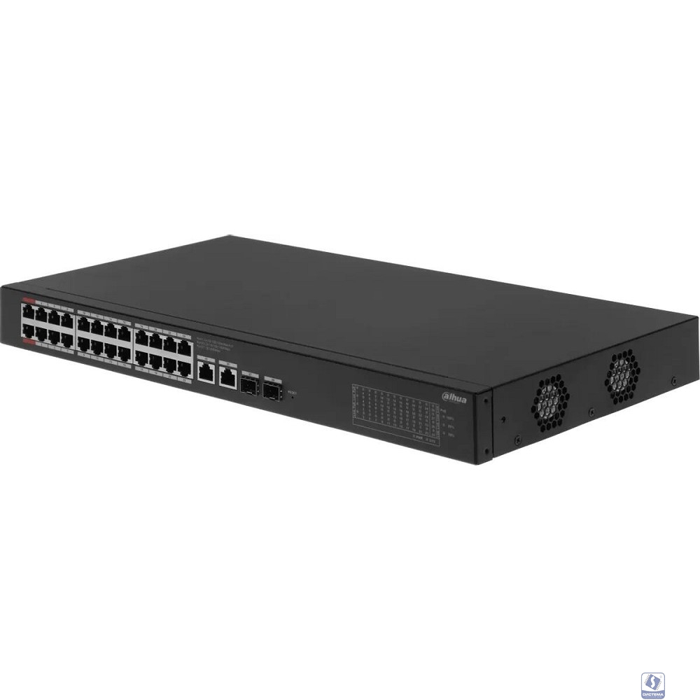 DAHUA DH-S3228-24GT-375 24-портовый неуправляемый гигабитный коммутатор с PoE L2 24 RJ45 10/100/1000Мбит/с (PoE/PoE+/Hi-PoE), 2 RJ45 10/100/1000Мбит/с (uplink), 2 SFP 1000Мбит/с (uplink), POE: 375Вт  