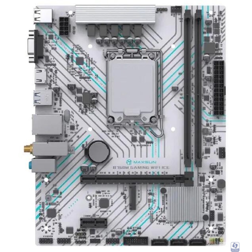 MAXSUN MS-B760M GAMING WIFI ICE (Socket 1700, mATX, 2*DDR4(64Gb), VGA/HDMI, 3*SATA3, 1*M.2, 1*PCIEx16/1*PCIEx1, 2*USB2.0, 4*USB 3.2, LAN 1*1G, Bluetooth,  Wi-Fi 802.11ac, ARGB, white, RTL)