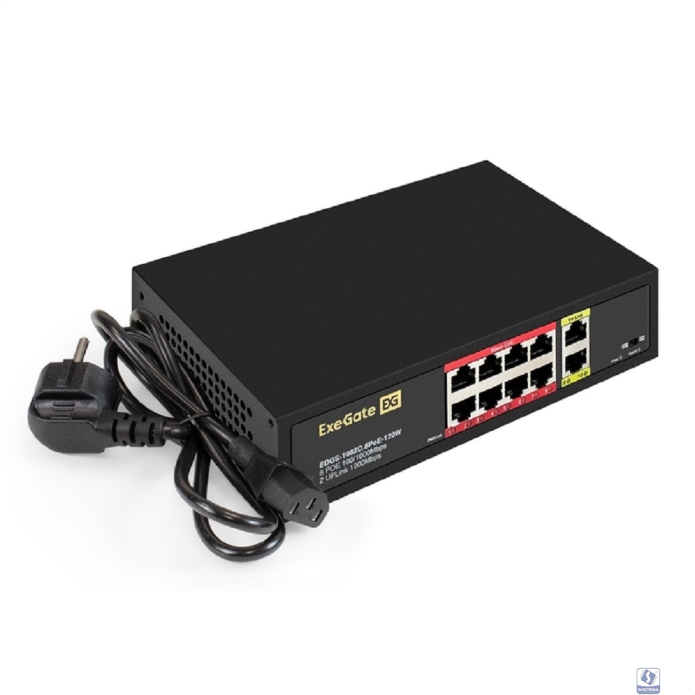 Exegate EX299028RUS Коммутатор неуправляемый ExeGate EDGS-1082D.8PoE-120  21,79W (10-портовый: 8 портов UTP 10/100 Base-Tx с поддержкой IEEE 802.3af (PoE), мощность PoE: 15,4W, суммарно 120W, 2 порта 