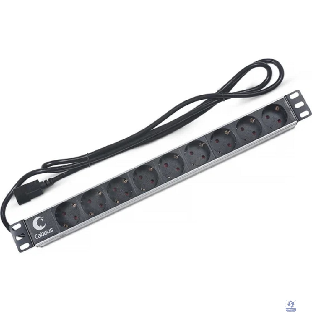 Cabeus PDU-9P-2IEC Блок евророзеток для 19" шкафов, горизонтальный, 9 розеток, 10 A, без выключателя, алюминиевый корпус, шнур 2 м, вилка IEC 320 C14