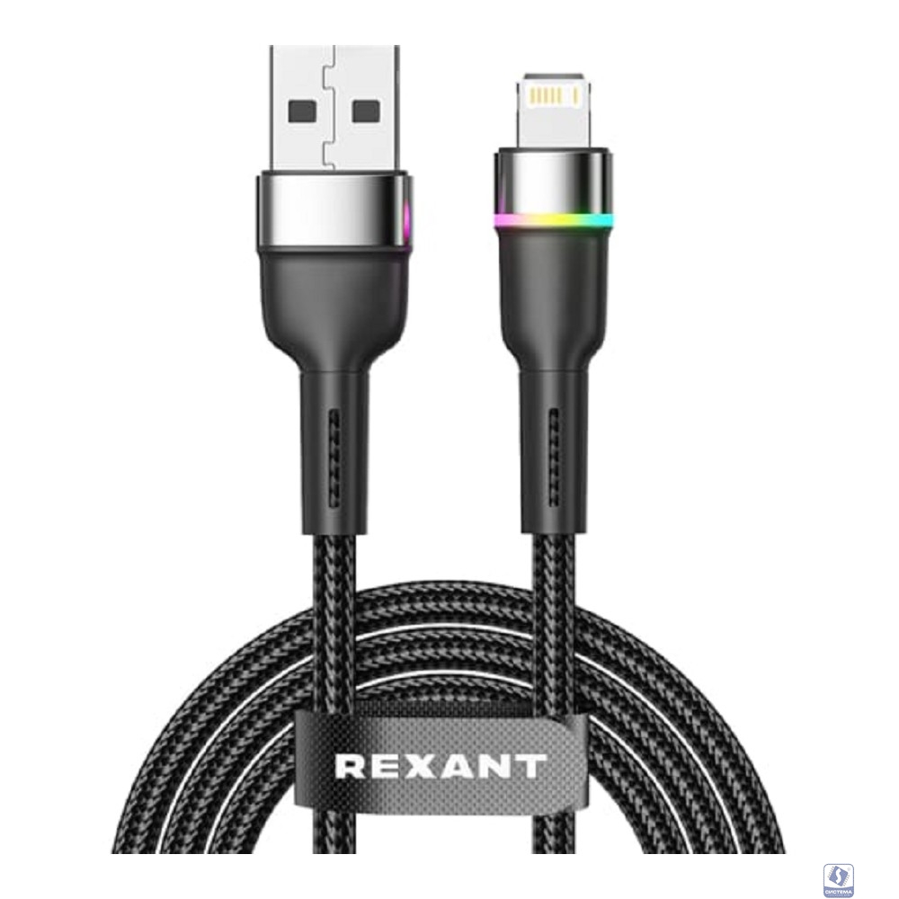 Rexant (18-7059) Кабель USB-A – Lightning для Apple, 2,4А, 1м, в черной нейлоновой оплетке, с LED подсветкой