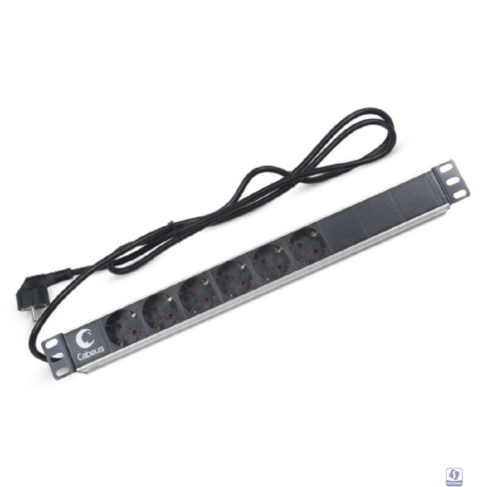 Cabeus PDU-6P-2EU Блок евророзеток для 19" шкафов, горизонтальный, 6 розеток, 16 A, без выключателя, шнур 2м, алюминиевый корпус, немецкий стандарт