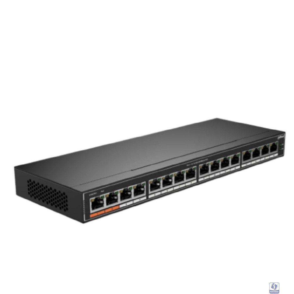DAHUA DH-SG1016P 16-портовый гигабитный неуправляемый коммутатор c PoE, 16xRJ45 1Gb PoE, суммарно 190Вт, коммутация 32 Гбит/с, MAC-таблица 8К