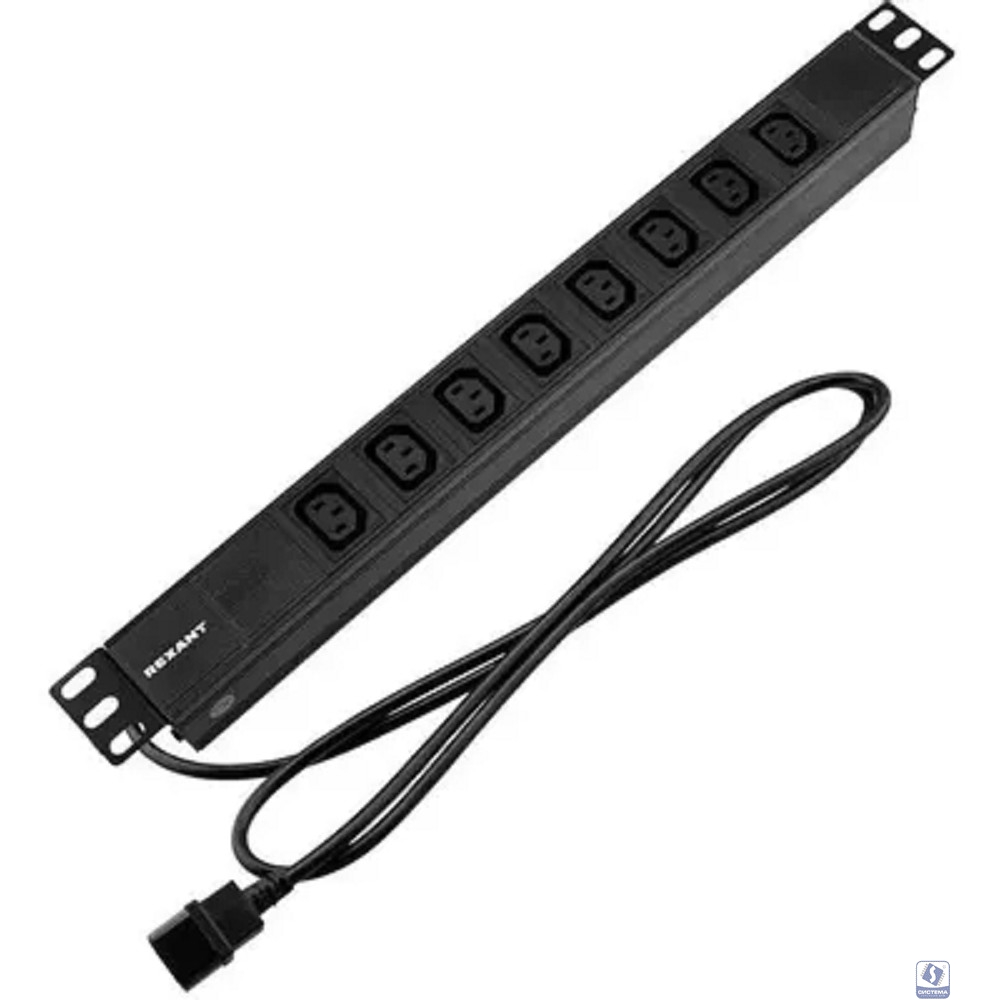 Rexant (04-0304-1) Блок распределения питания для 19" шкафов, горизонтальный, 8 розеток C13, 10A, без выкл, алюм корп, шнур 2м, вилка C14