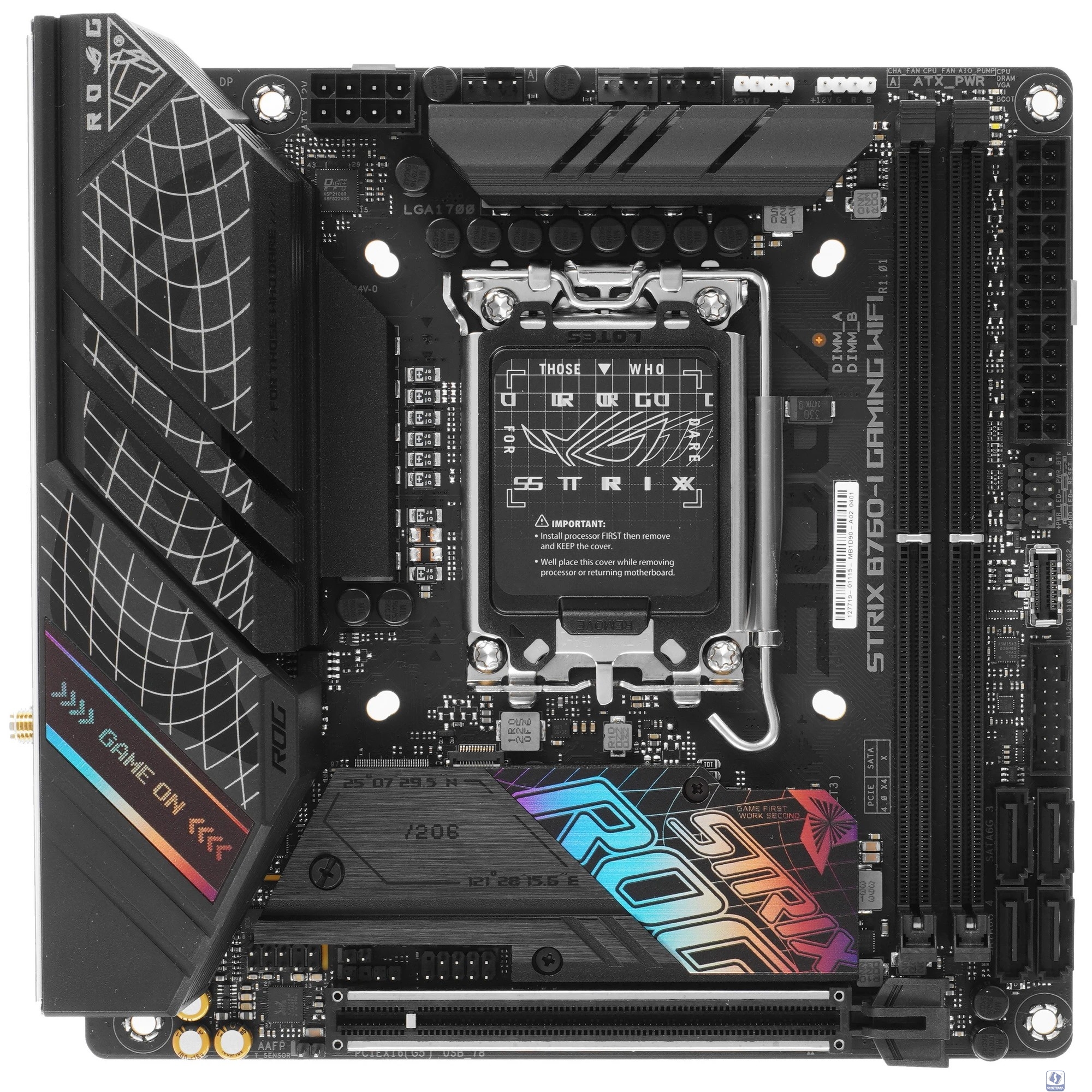 ASUS ROG STRIX B760-I GAMING WIFI  (Socket 1700, mini ITX, 2xDDR5(96GB), DP/HDMI, 1xPCIe 5.0x16, 1xLAN (2.5GbE), Wi-Fi, 4xSATA 6Gb/s, 2xM.2, 2xType-C, 3xUSB 3.2, 3xUSB 2.0)