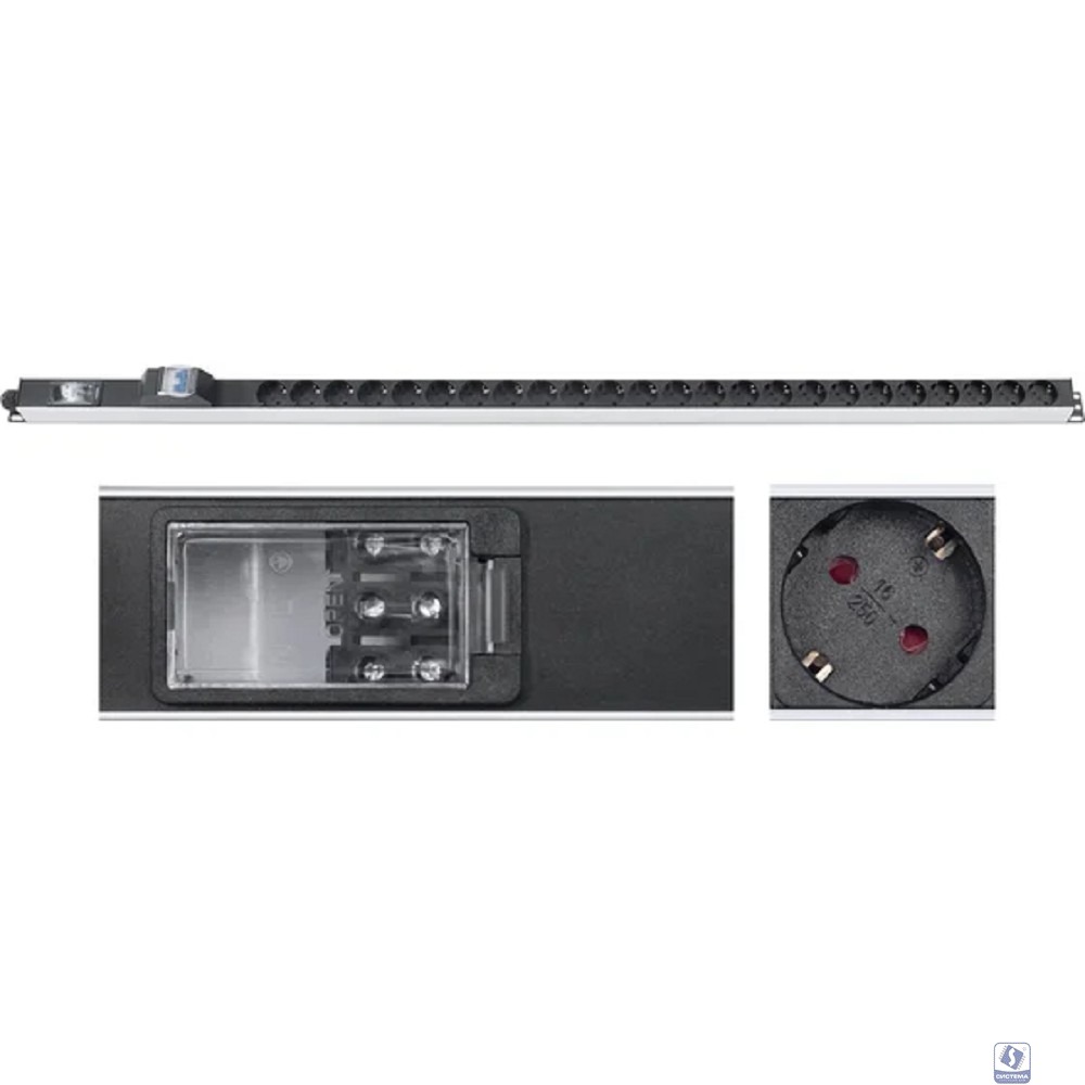Cabeus PDU-32-24S-B-T Блок розеток для 19" шкафов, вертикальный, 24 розетки Schuko, 32А, автомат защиты, алюминиевый корпус, клеммная колодка