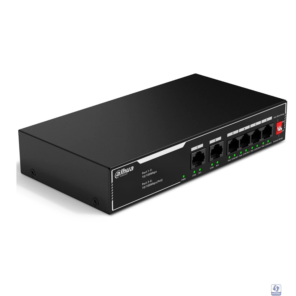 DAHUA DH-SF1006LP 6-портовый неуправляемый коммутатор с РоЕ, 4xRJ45 100Mb PoE, 2xRJ45 100Mb uplink, суммарно 36Вт, коммутация 1.2 Гбит/с, MAC-таблица 2K, металл