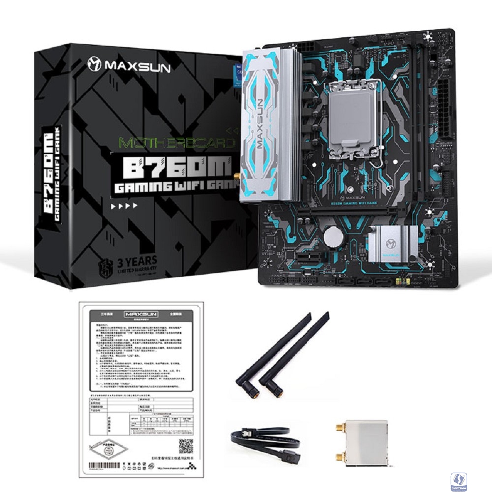 MAXSUN MS-B760M GAMING WIFI GANK V2 (Socket 1700, mATX, 2*DDR5, VGA/HDMI, 3*SATA3, 1*M.2, 1xPCI-E x16 /1xPCI-E x4, 4*USB 2.0, 2*USB 3.2 GEN 2, LAN 1*1G,  Bluetooth,  Wi-Fi 802.11ax, RTL)