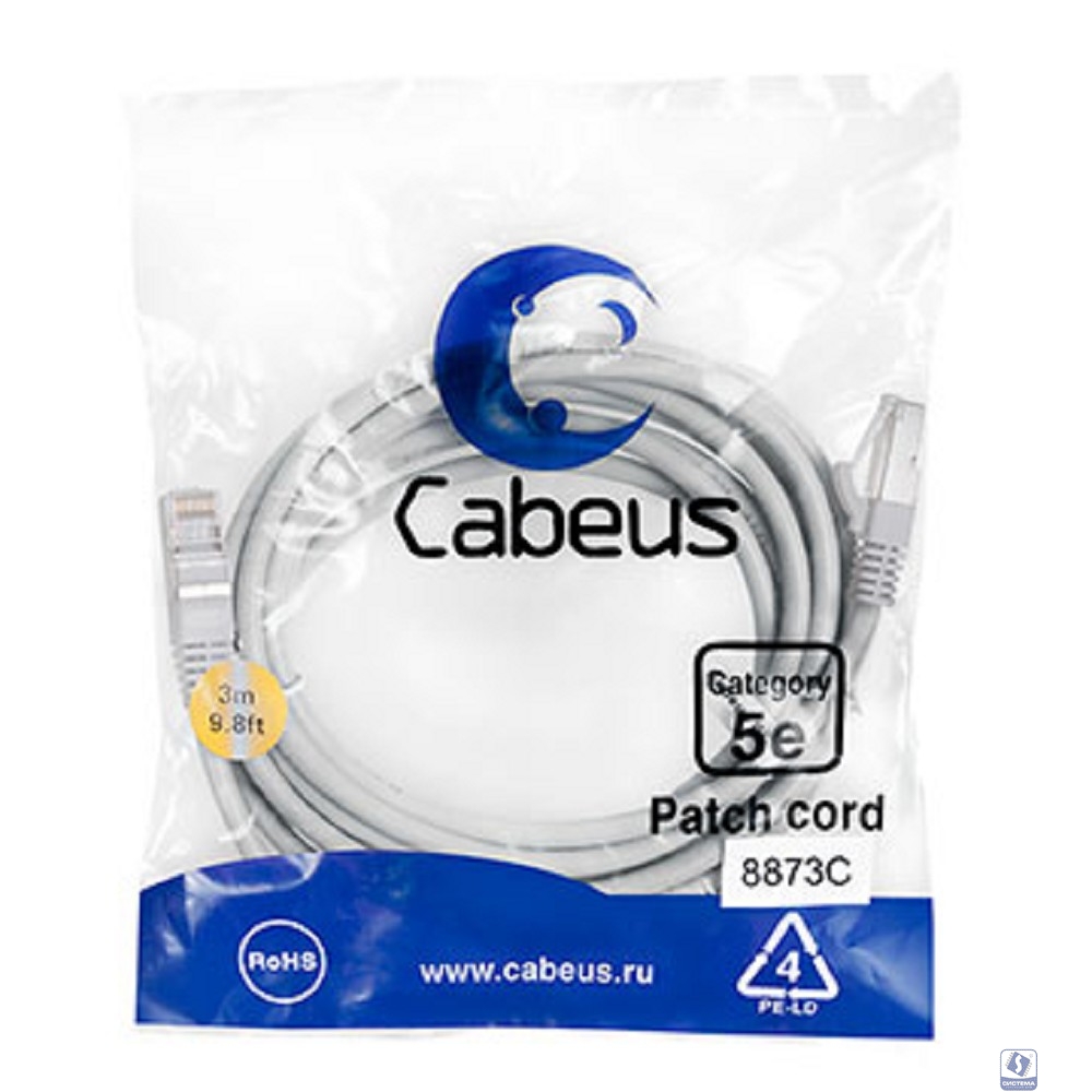 Cabeus PC-FTP-RJ45-Cat.5e-3m-LSZH Патч-корд F/UTP, категория 5е, 2xRJ45/8p8c, экранированный, серый, LSZH, 3м