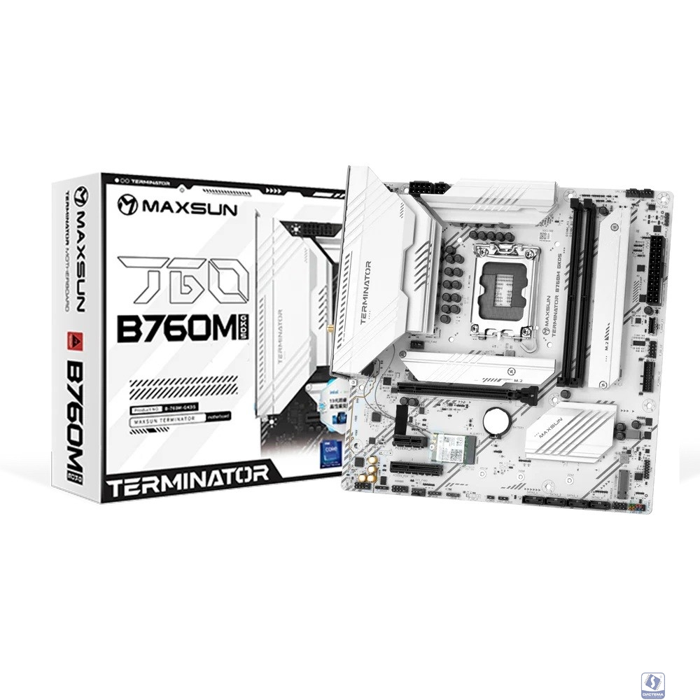 MAXSUN MS-Terminator B760M GKD5 ICE (Socket 1700, mATX, 2*DDR5(96Gb), DP/HDMI, 3*SATA3, 4*M.2, 1*PCIEx16/1*PCIEx4, 6*USB2.0, 2*USB 3.2, LAN 1*2.5G, ARGB, white, RTL)
