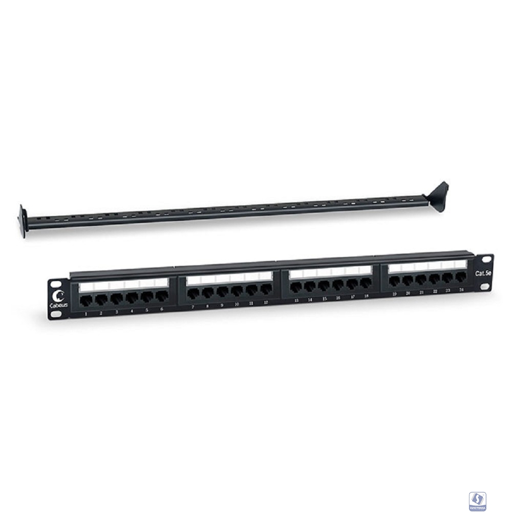 Cabeus PL-24-Cat.5e-Dual IDC Патч-панель 19" (1U), 24 порта RJ-45, категория 5e, Dual IDC, с задним кабельным  организатором