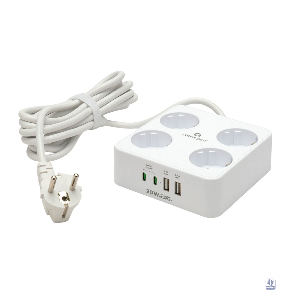 Cablexpert Сетевой фильтр Plate PLT-4-C2U2-W-3 ( 4р, 10А, 2xType-C PD, 20Вт, 2xUSB, 3м, ур.защиты 4+) белый, коробка 