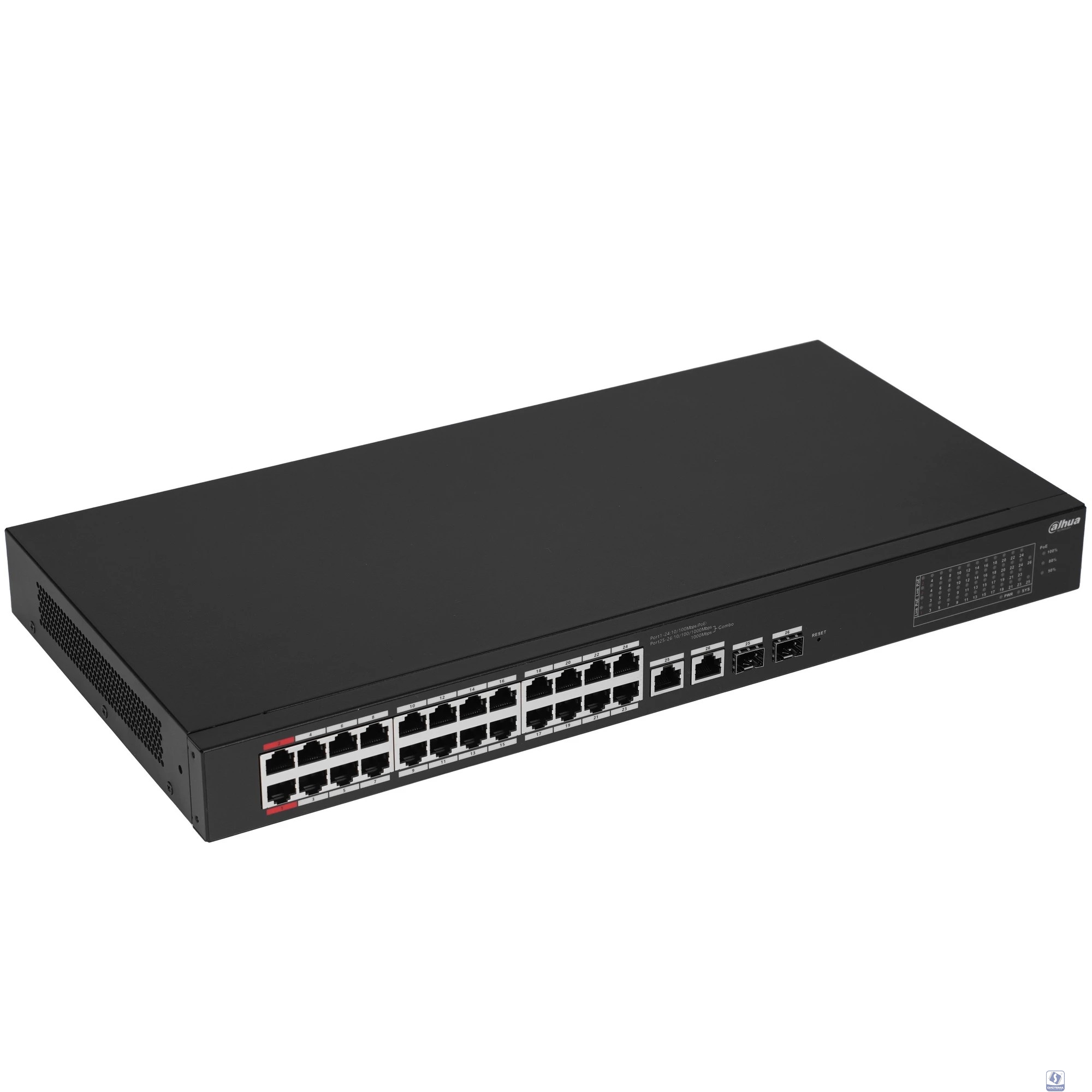 DAHUA DH-CS4226-24ET-240 24-портовый облачный управляемый коммутатор с PoE, 24xRJ45 100Mb, 2хКомбо SFP/RJ45 1Gb, суммарно 240Вт, коммутация 8.8 Гбит/с, MAC-таблица 8К