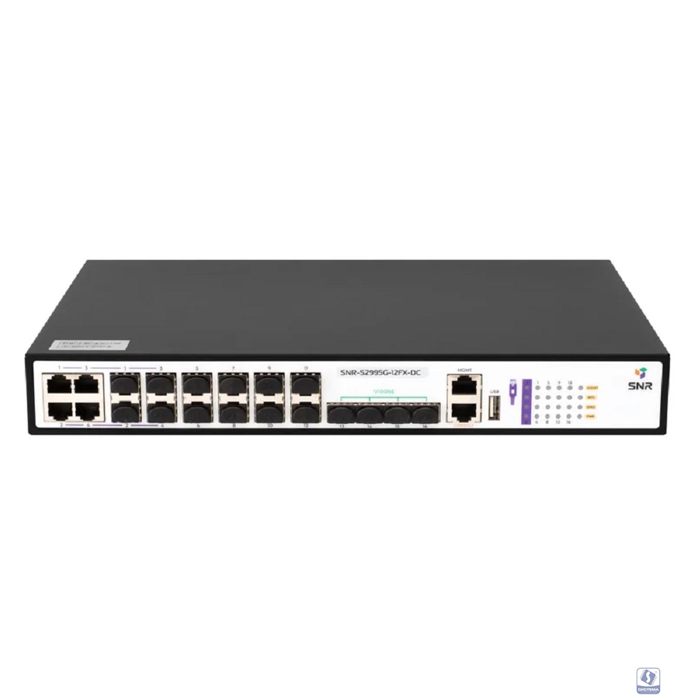 SNR SNR-S2995G-12FX-DC Управляемый коммутатор уровня 3, 8 портов 100/1000Base-X SFP, 4 порта Combo 10/100/1000Base-T|100/1000Base-X SFP, 4 порта 1/10G SFP+, встроенный БП ~220V AC, RPS 36-72V DC