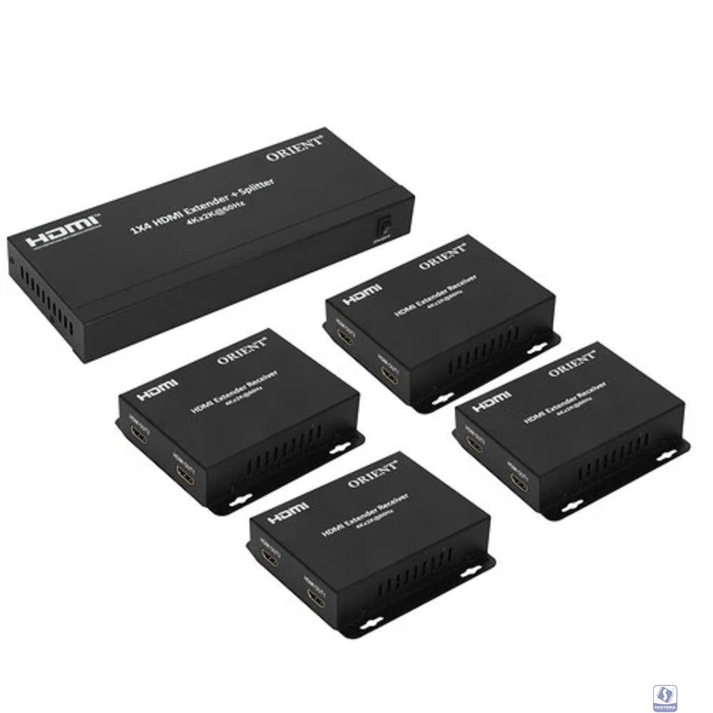 ORIENT HSP0104VE-2.0, HDMI 4K Splitter/Extender (Tx+4xRx), активный удлинитель на 8 устройств до 60 м по кабелю витая пара Cat6, 1 вход/4 выхода RJ45, HDMI 2.0, 4K@60Hz, HDCP2.2, в комплекте 4 приемни