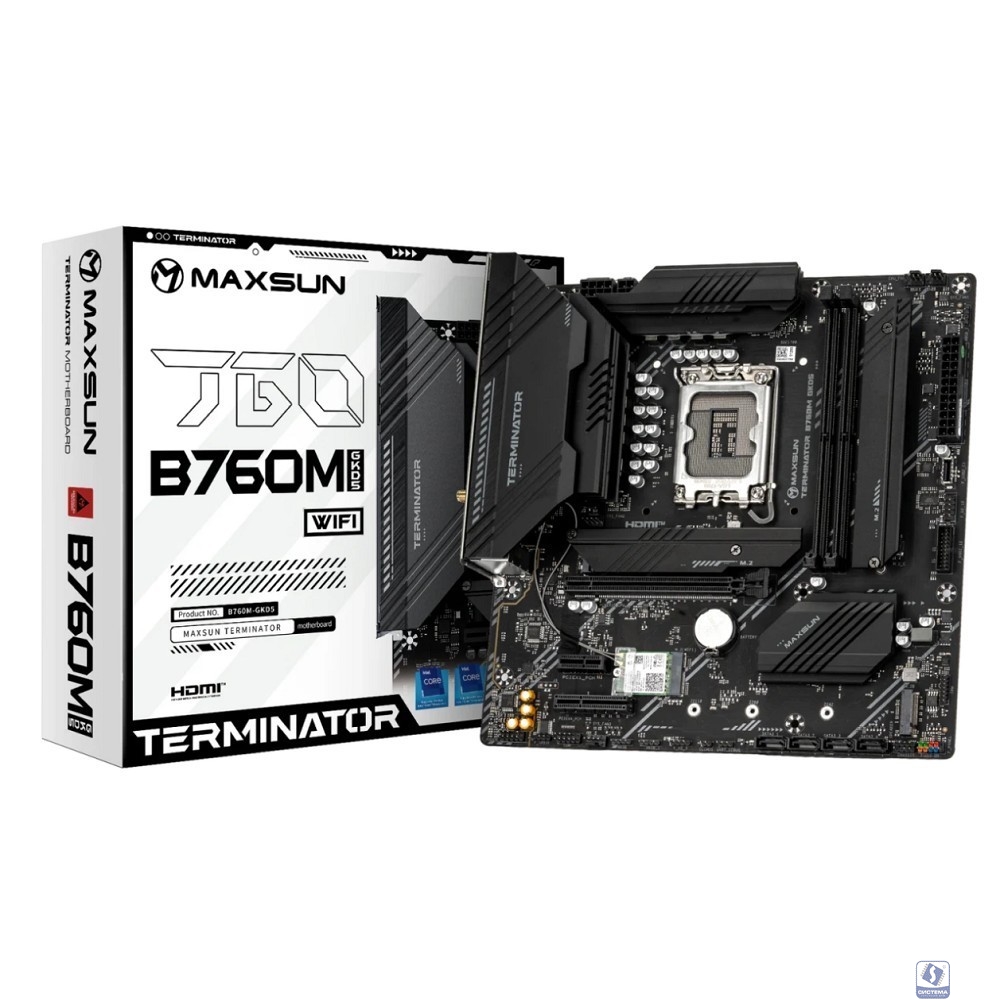 MAXSUN MS-Terminator B760M GKD5 WIFI (Socket 1700, mATX, 2*DDR5(96Gb), DP/HDMI, 4*SATA3, 3*M.2, 1xPCI-Ex16/1*PCIEx4/1*PCIEx1, 6*USB 2.0, 2*USB 3.2, LAN 1*2.5G, Wi-Fi 6, RTL)