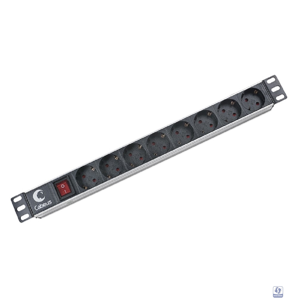 Cabeus PDU-8P Блок евророзеток для 19" шкафов, горизонтальный, 8 розеток, 10 A, выключатель, гнездо под шнур, алюминиевый корпус
