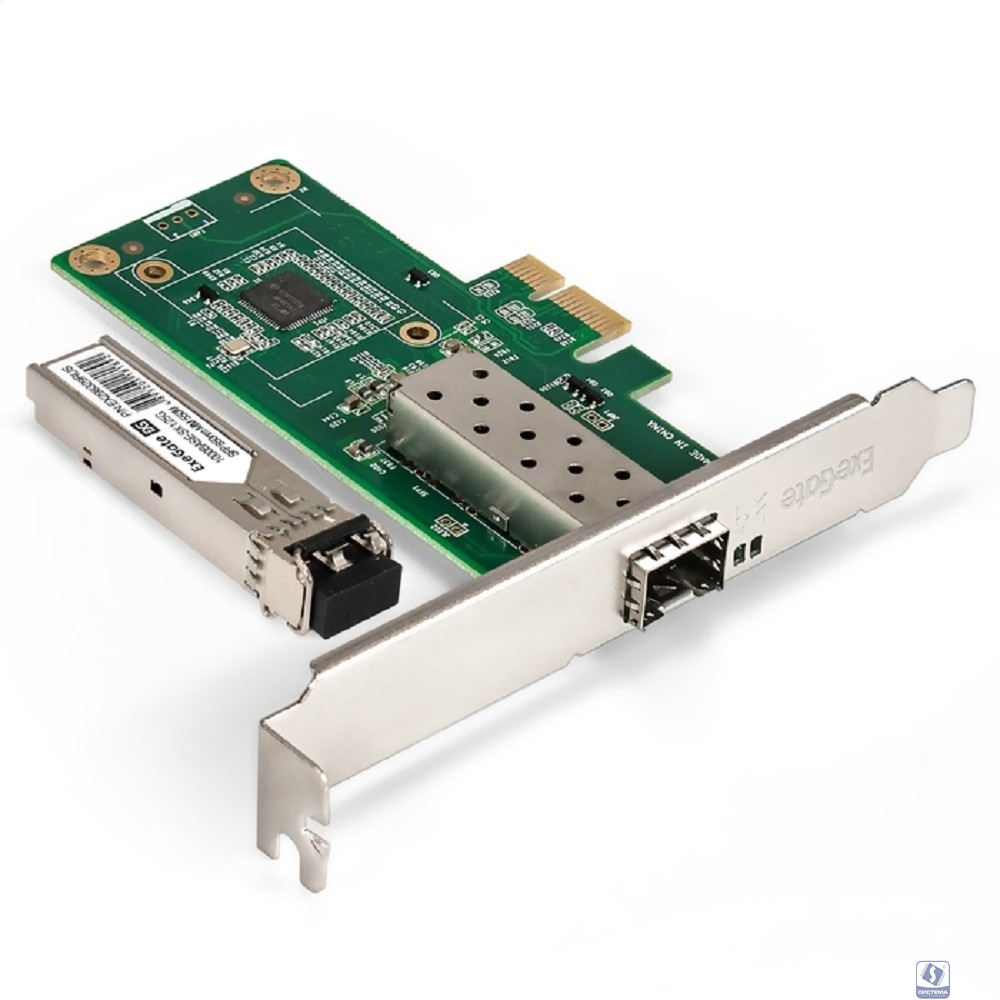 Exegate EX298935RUS Комплект: Сетевой адаптер SFP ExeGate EXE-i210-F1 + Трансивер Multi-Mode до 550м EXT-1G-MM850-LC2-550M (EX296228RUS: PCI-E x1 v2.0, порты 1x SFP (10/100/1000Mb/s), Gigabit Server N