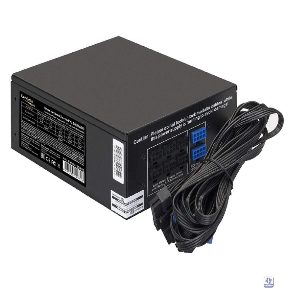 Exegate EX292198RUS Серверный БП 500W ExeGate ServerPRO-500RADS (ATX, for 3U+ cases, APFC, КПД 80% (80 PLUS), 14cm fan, 24pin, (4+4)pin, PCIe, 5xSATA, 4xIDE, FDD, Cable Management, black)