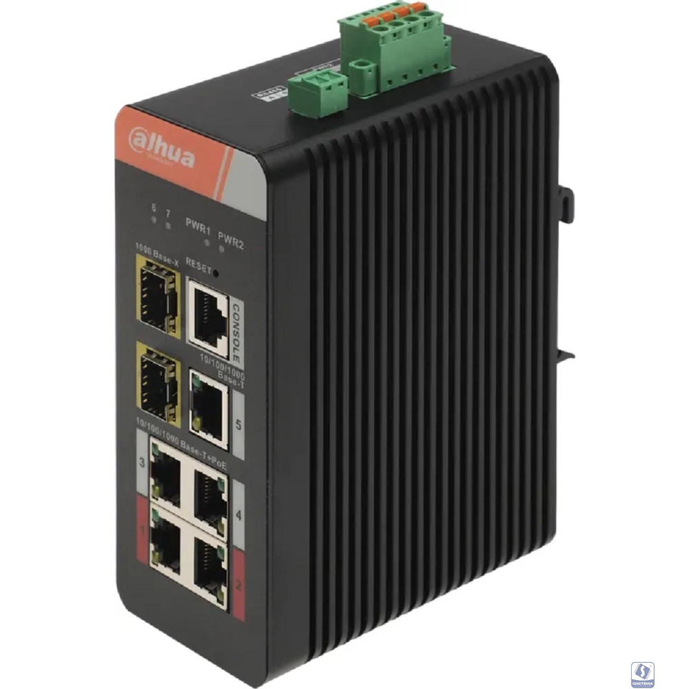 DAHUA DH-IS4207-4GT-120 7-портовый гигабитный управляемый коммутатор с PoE, промышленное исполнение, 5xRJ45 1Gb, 2xSFP 1Gb, суммарно до 120Вт, коммутация 14 Гбит/с, MAC-таблица 8К