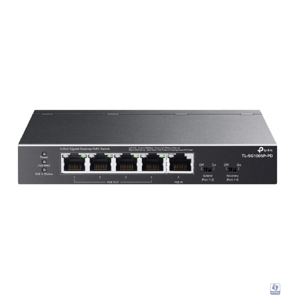 TP-Link TL-SG1005P-PD Настольный коммутатор с 5 гигабитными портами (1 порт с входящим PoE++, 4 порта с исходящим PoE+)