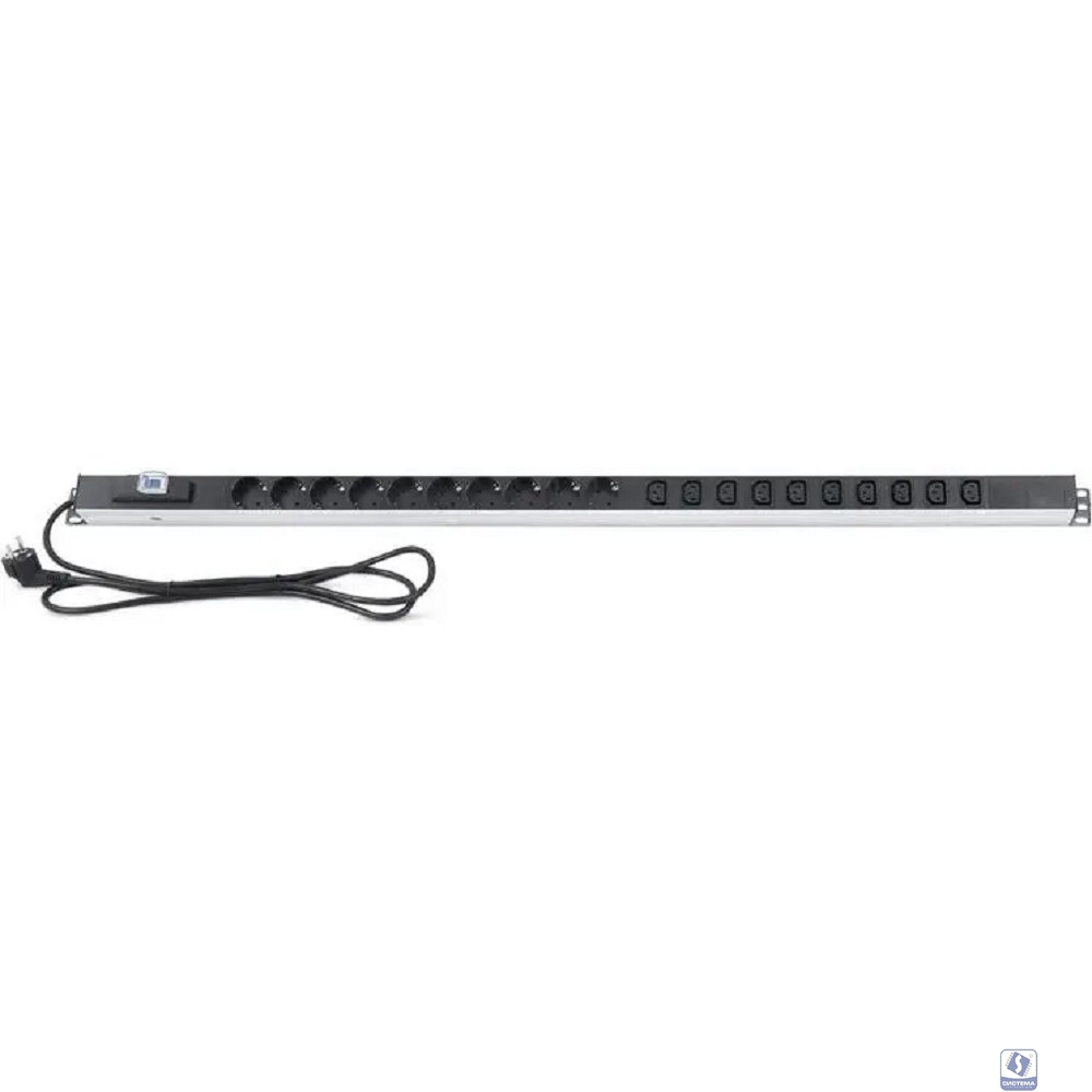 Rexant (04-2605) Блок распределения питания для 19" шкафов, верт, 10 розеток СЕЕ 7/4, 10 розеток C13, 16А, автомат защиты, алюм корп, шнур 2м, вилка СЕЕ 7/7