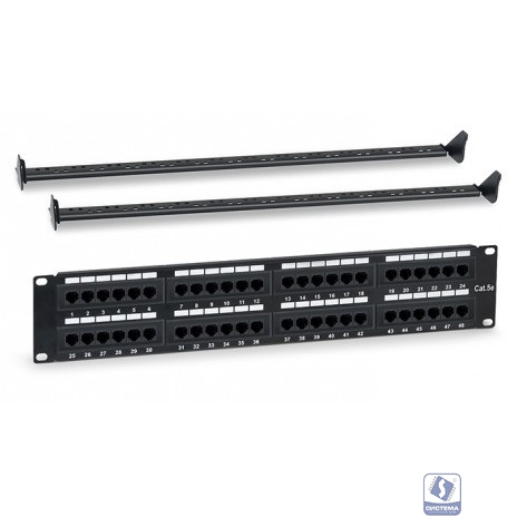 WRline WR-PL-48-C5E-D Патч-панель 19" (2U), 48 портов RJ-45, категория 5e, Dual IDC, с задним кабельным организатором, цвет черный