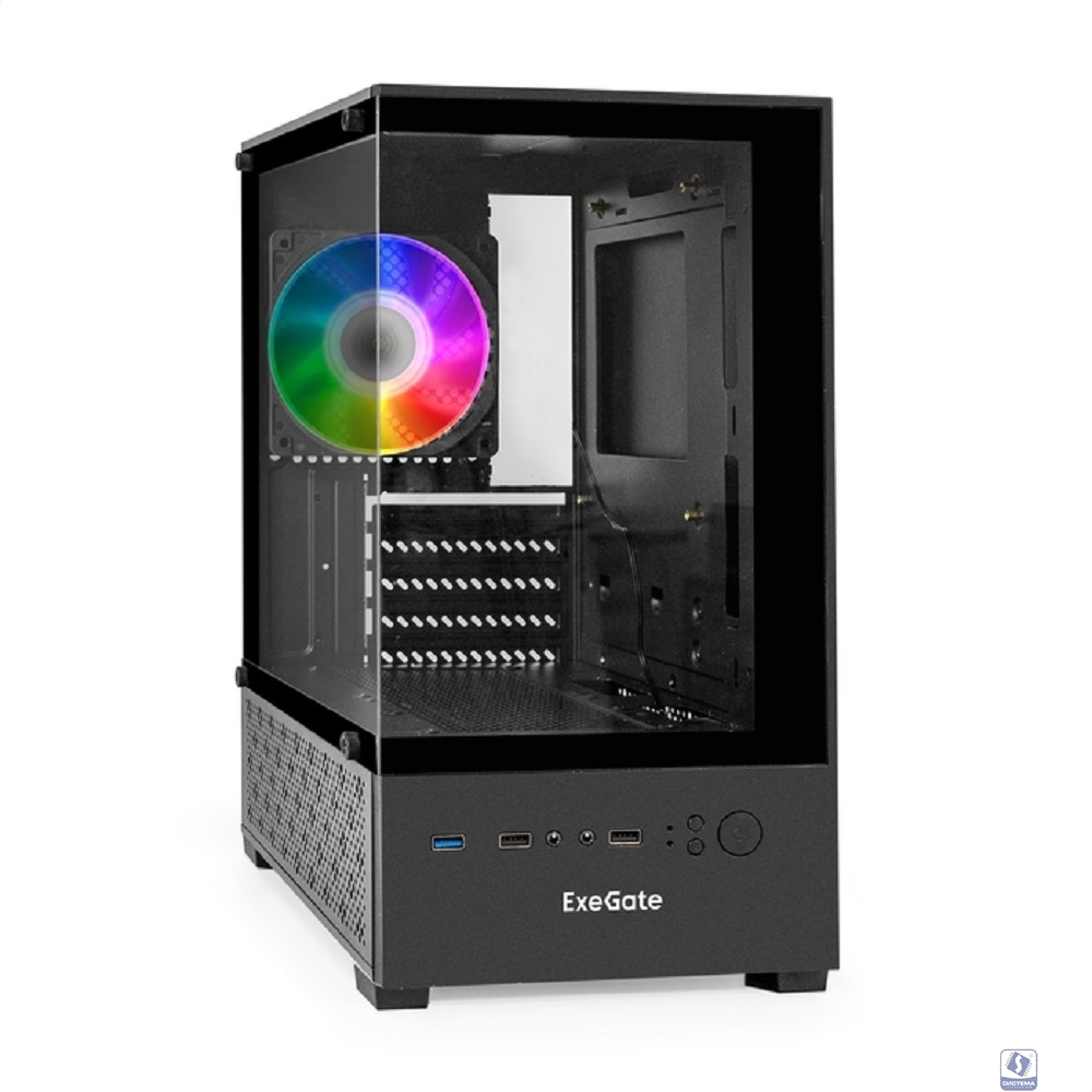 Exegate EX298755RUS Корпус Minitower ExeGate i3 SEA-NPX700 (mATX, БП 700NPX, 2*USB+1*USB3.0, HD аудио, черный, 1 вент. 12см с RGB подсветкой, передняя и боковая панели - закаленное стекло)