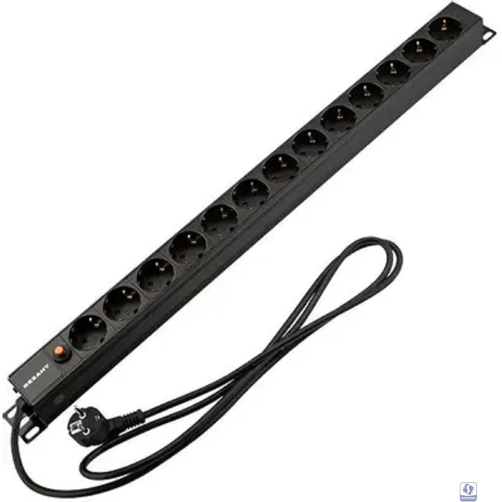 Rexant (04-0205-2) Блок распределения питания для 19" шкафов, вертикальный, 13 розеток СЕЕ 7/4, 16A, фильтр, без выкл, алюм корп, шнур 2м, вилка СЕЕ 7/7