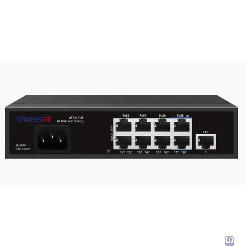 Коммутатор неуправляемый TRASSIR TR-NS1109-120-8PoE Fast Ethernet РоЕ оснащен восемью РоЕ-портами RJ-45 и 1 uplink-портом 10/100 Мбит/с. Дальность пер