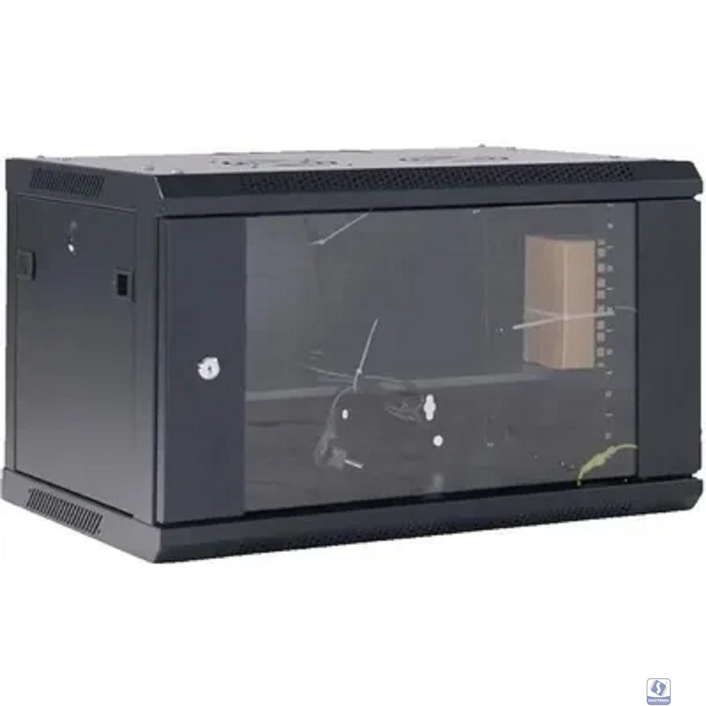Rexant (04-0664-112) Настенный телекоммуникационный шкаф 19" 6U 600?450мм, дверь стекло, с задней стенкой, разборный, черный (RAL 9005)